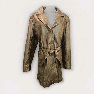 METROSTYLE Dark Gold Genuine Leather W Jacket/Coat Size 12 Belted Trench